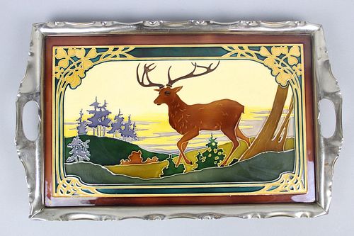 Art Nouveau Majolica Tray w/Deer Buck, Hunting