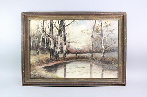 Raphael Senseman Oil Landscape Figure with Birch Trees and Pond