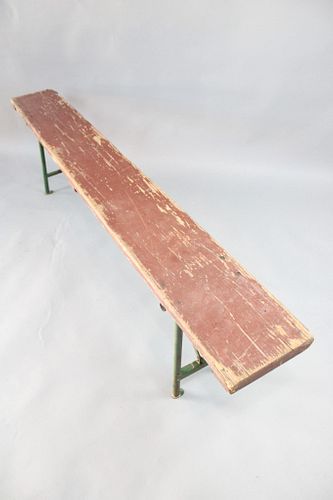 Industrial Folding Bench Wood Seat Painted Red