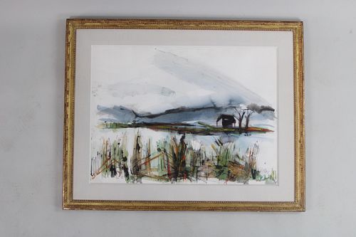 Mid-Century Modern Abstract Landscape Watercolor Painting, Signed 1963