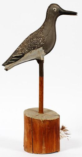 ANTIQUE AMERICAN TIN SHORE BIRD ON WOOD STAND