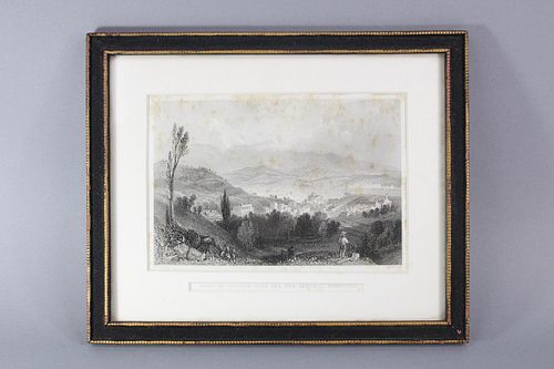 Antique Etching of View of Academy Hill Hudson NY & Catskill Mountains