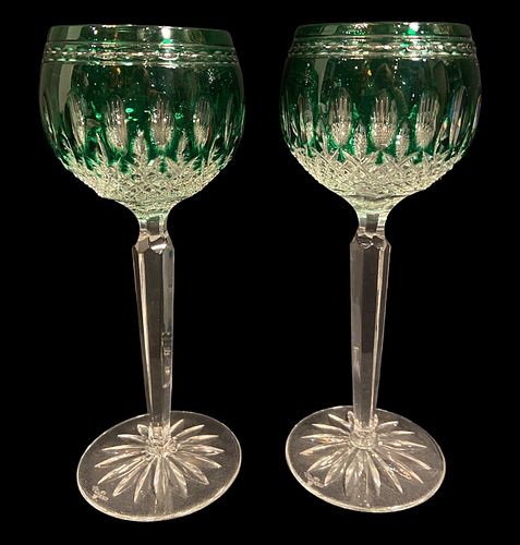 2pc WATERFORD Clarendon Emerald Crystal Hock Wine Glasses