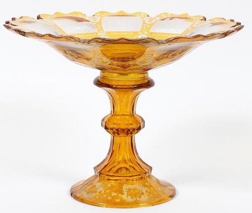 BOHEMIAN CUT TO CLEAR AMBER GLASS COMPOTE
