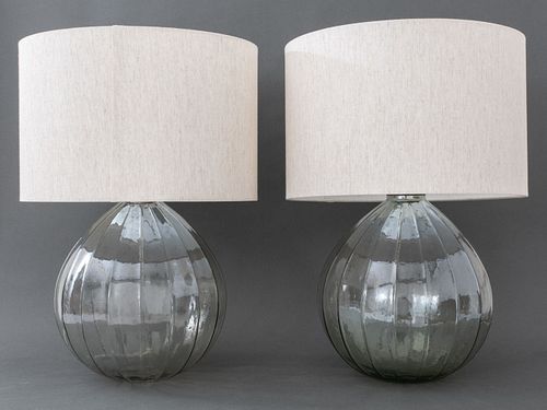 Modern Spherical Iridescent Glass Table Lamp, Pair