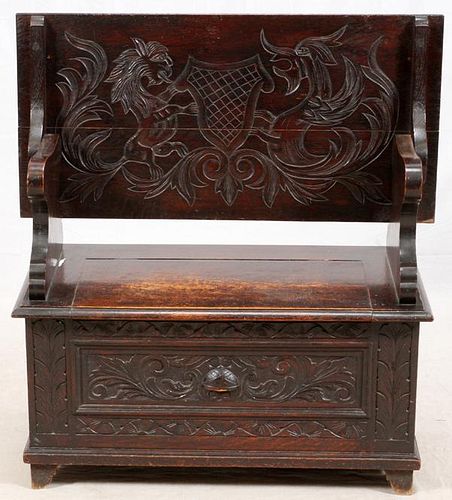 CARVED OAK MONK'S BENCH 19TH C.