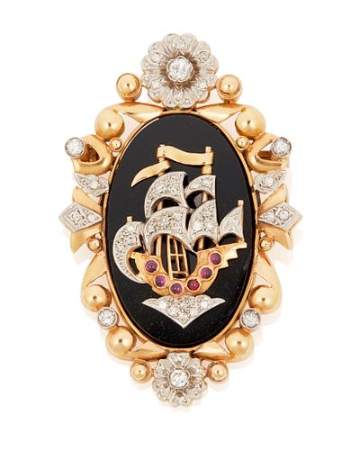 An onyx, diamond and ruby ship pendant/brooch
