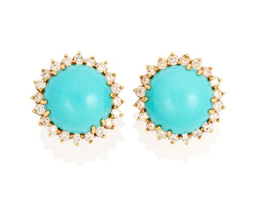 A pair of turquoise and diamond earrings