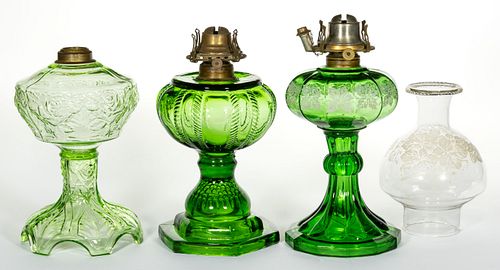 ASSORTED GLASS KEROSENE STAND LAMPS, LOT OF THREE