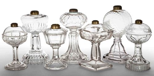 ASSORTED PATTERN GLASS KEROSENE STAND LAMPS, LOT OF SEVEN
