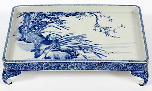 CHINESE BLUE ON WHITE PORCELAIN FOOTED LOW TRAY