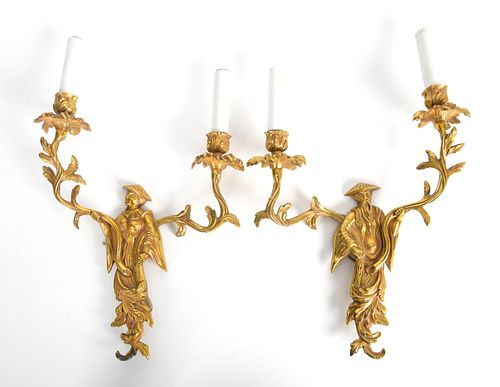 Pair Chinoiserie Figural Gilt Bronze Wall Sconces