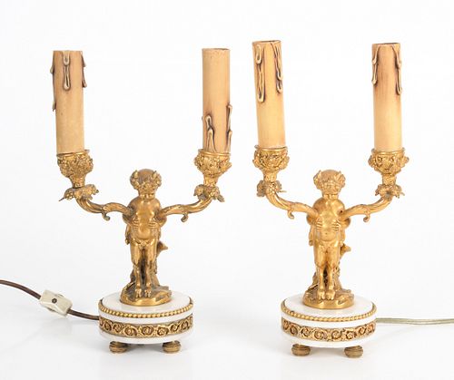 Pair French Figural Bronze and Marble Candelabra