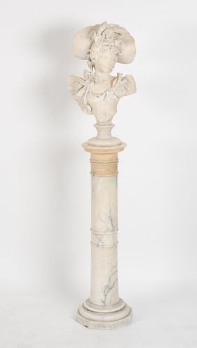 Italian Alabaster Bust of a Maiden and Pedestal