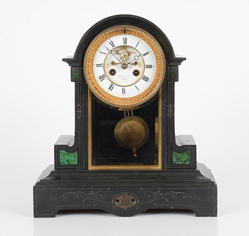 French Malachite Inlaid Black Slate Mantel Clock