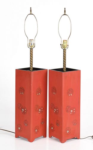 Pair of Japanese Red Lacquer Table Lamps