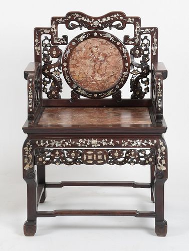 Chinese Shell Inlaid Rosewood Armchair