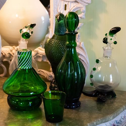 Group of Green Glass Decanters