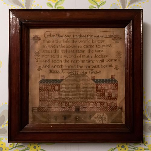 Large English Needlework Sampler, Signed Ann Barlow, October 10, 1833, Highbury College 
