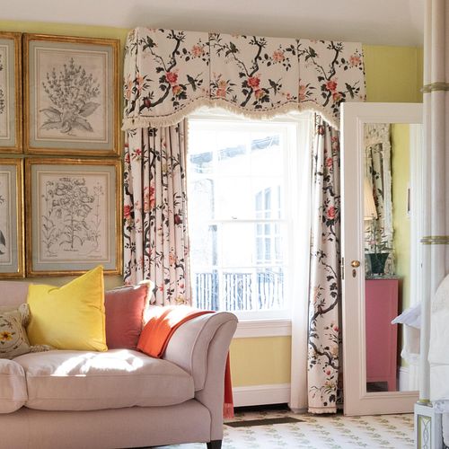 Set of Twelve Floral Linen Curtain Panels and Six Valences