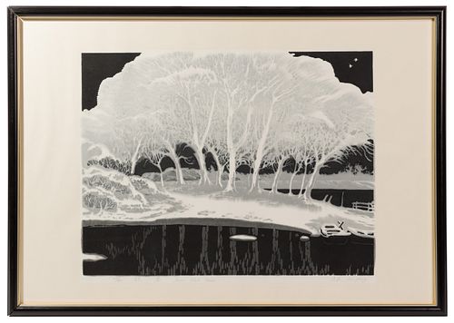 Lu Fang (Chinese, b.1932) 'Snow Clad Trees' Woodblock Print