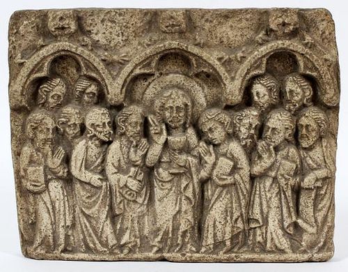 HAND CARVED STONE SCULPTURE OF CHRIST AND APOSTLES