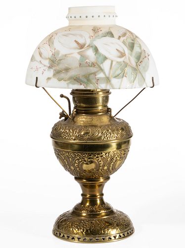 EDWARD MILLER BRASS JUNO PARLOR LAMP WITH VICTORIAN DECORATED SHADE