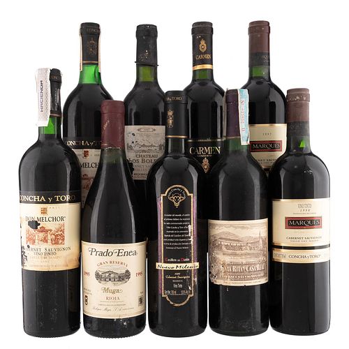 Lote de Vinos Tintos de Chile y España. Château Los Boldos. Carmen. En presentaciones de 750 ml. Total de piezas: 9.
