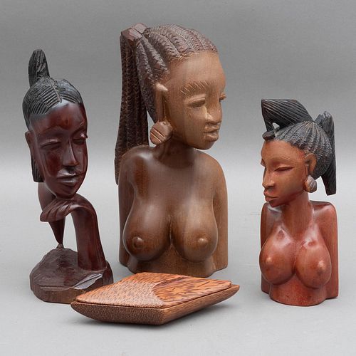 LOTE DE ESCULTURAS Y CAJA. ÁFRICA, SXX. Figuras de bustos femeninos y rombo. Talla en madera. De 4 a 29 cm de altura. Piezas: 4.