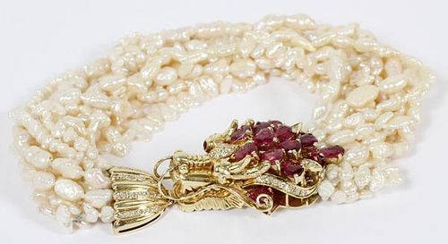 14KT YELLOW GOLD RUBY AND SEED PEARL BRACELET