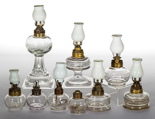 ASSORTED NAME EMBOSSED AND OTHER MINIATURE LAMPS, LOT OF NINE