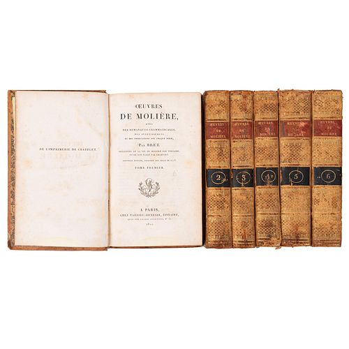 Bret. Oeuvres de Moliere. Paris: Tardieu-Denesle, 1821.  Tomos I - VI. Avec des remarques grammaticales... Piezas: 6.