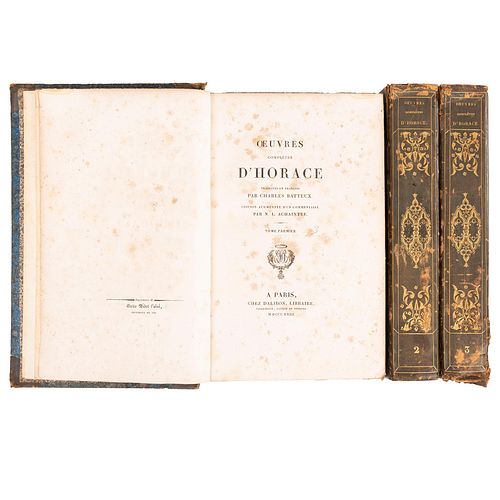 Horace. Oeuvres Complètes. Paris: Dalibon, 1823.  Tomos I - III. Traduites en françois par Charles Batteux.