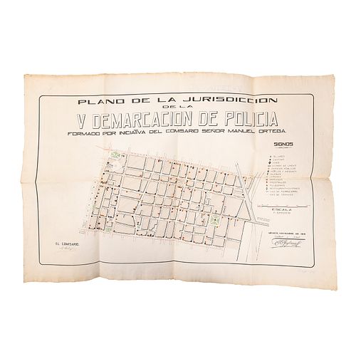 Ortega, Manuel. Plano de la Jurisdicción de la V Demarcación de Policía. México, Noviembre de 1919.  Plano manuscrito coloreado.