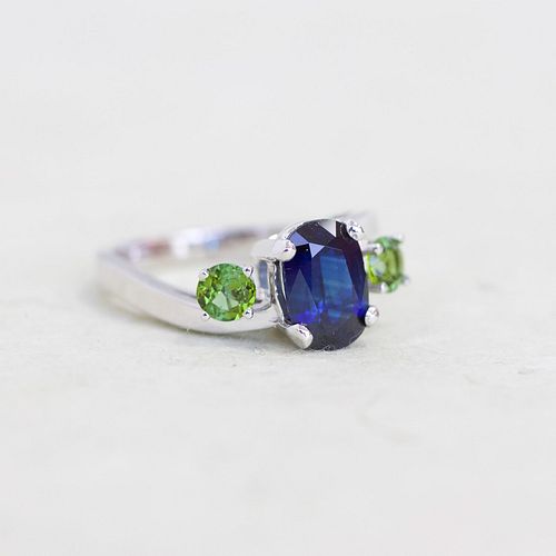 Vintage Sapphire & Peridot Three Stone Ring, 14k