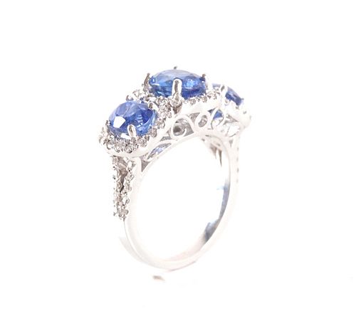 Natural Sapphire Three Stone  & Diamond 18k Ring
