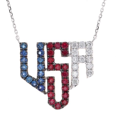 USA Blue Sapphire & Ruby Diamond 14k Necklace