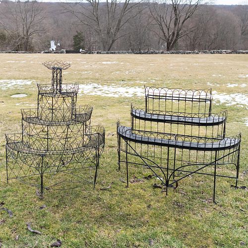 Two D-Shape Black Painted Wire Work Tiered Plant Stands