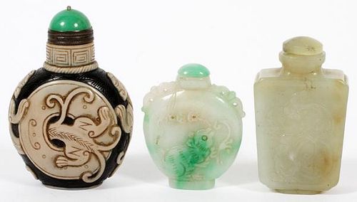 CHINESE JADE AND GLASS SNUFF BOTTLES THREE