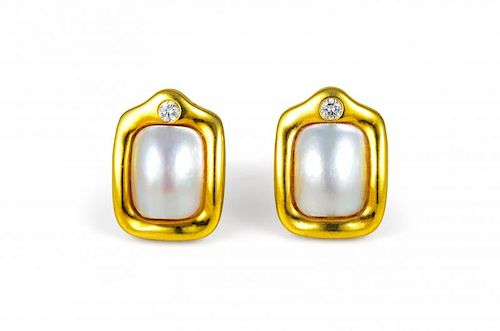 A Pair of Marlene Stowe Gold, Diamond and Mabe Pearl Earclips