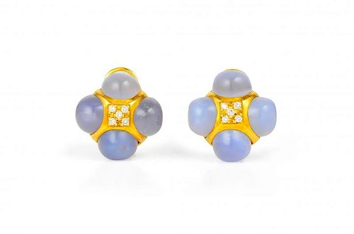 A Pair of Laura Munder Gold, Diamond and Chalcedony Earclips