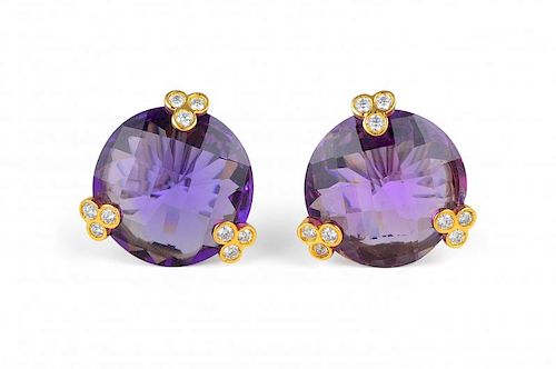 A Pair of Gold, Amethyst and Diamond Earclips