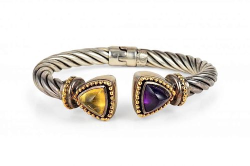 A Sterling Silver, Gold, Amethyst and Citrine Bangle in the Style of David Yurman