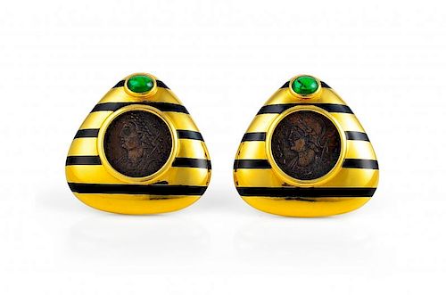 A Pair of Elizabeth Gage Gold, Enamel and Tourmaline Antique Coin Earrings
