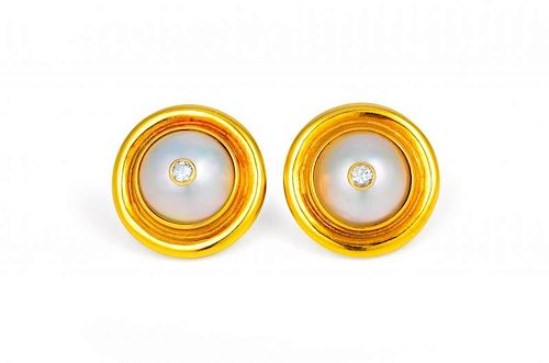 A Pair of Gold, Mabe Pearl and Diamond Earrings