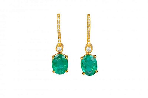 A Pair of Gold, Diamond and Emerald Earrings