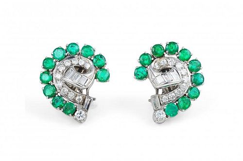 A Pair of Gold, Emerald and Diamond Earrings