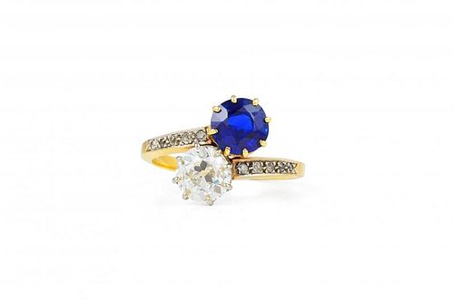 An Antique Gold, Sapphire and Diamond Crossover Ring