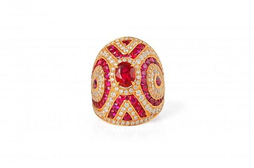 A Rose Gold, Diamond and Ruby Dome Ring