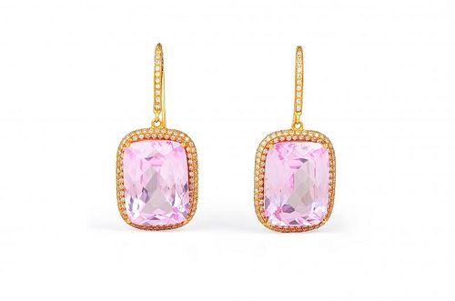 A Pair of Gold, Morganite and Diamond Earrings